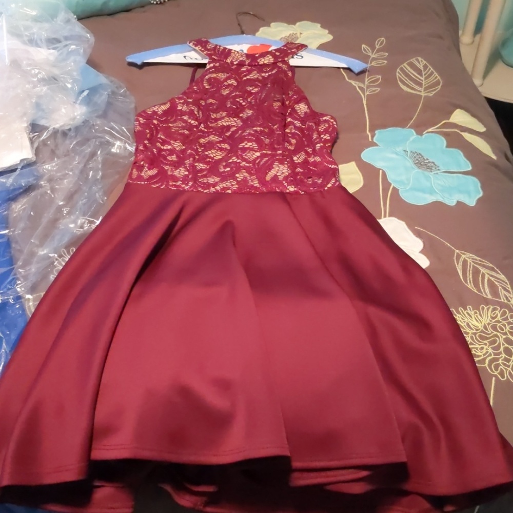 Wine colored fit and flare cocktail dress